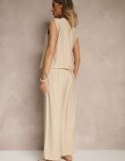 rosita Set Bej cu croială de costum cu in Vestă și Pantaloni cu Zirconii Redavale
