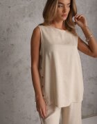 rosita Set de vară din vâscoză și in pantaloni și bluză cu nasturi decorativi Belone Bej