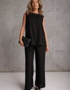 rosita Set de vară din vâscoză și in pantaloni și bluză cu nasturi decorativi Belone Negru