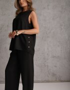 rosita Set de vară din vâscoză și in pantaloni și bluză cu nasturi decorativi Belone Negru