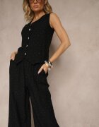rosita Set Negru cu Croială de Costum din In Vestă și Pantaloni cu Zirconii Redavale