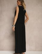 rosita Set Negru cu Croială de Costum din In Vestă și Pantaloni cu Zirconii Redavale