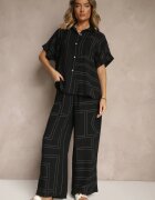 rosita Set Negru din Vâscoză și In Pantaloni și Cămașă cu Motiv Geometric Fevalette