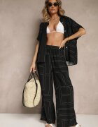 rosita Set Negru din Vâscoză și In Pantaloni și Cămașă cu Motiv Geometric Fevalette