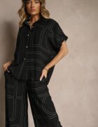rosita Set Negru din Vâscoză și In Pantaloni și Cămașă cu Motiv Geometric Fevalette