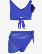rosse line Bikini Albastru Chiloți Sutien cu Broșă Floare 3D și Pareo Plasă Folissa