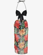 rosse line Bikini Negru Chiloți Sutien cu Legătură și Pareo Floral Folanira