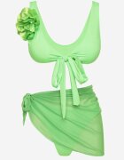 rosse line Bikini Verde deschis Chiloți slip Sutien cu Broșă Floare 3D și Pareo din plasă Folissa