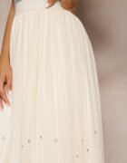 rosse line Fustă Bej Evazată Plisată din tul finisată cu zirconii în față și elastic în talie Missarla