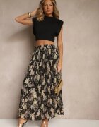 rosse line Fustă Evazată Neagră cu Imprimeu Floral cu Pliuri și Imprimeu Metalic Follanea