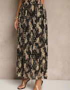 rosse line Fustă Evazată Neagră cu Imprimeu Floral cu Pliuri și Imprimeu Metalic Follanea