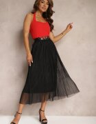 rosse line Fustă Neagră Evazată din Tul Finisată cu Elastic în Talie Risshara
