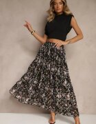 rosse line Fustă Neagră Florală Cloș cu Pliuri Decorată cu Imprimeu Metalic Folonissa
