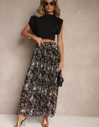 rosse line Fustă Neagră Florală Cloș cu Pliuri Decorată cu Imprimeu Metalic Folonissa