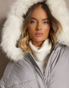 rosse line Geacă Gri deschis cu Buzunare și Guler Detașabil de Blană Nomilaine