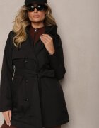 rosse line Geacă Neagră cu Două Rânduri de Nasturi în Stil de Palton cu Glugă Legată în Talie Erillen