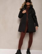 rosse line Geacă Neagră cu Două Rânduri de Nasturi în Stil de Palton cu Glugă Legată în Talie Erillen