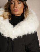 rosse line Geacă Neagră Matlasată cu Glugă și Inserții Detașabile din Blană Izafera