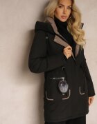 rosse line Geacă Parka Neagră cu șnururi în talie și glugă decorată cu pandantiv Zeriena