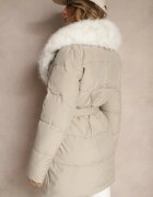 rosse line Jachetă Bej Decorată cu Matlasare cu Guler Detașabil din Blană și cu Centură Edanora
