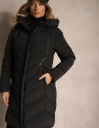 rosse line Jachetă Lungă Neagră cu Cusături Matlasate și Glugă Decorată cu Fermoare Hedirae