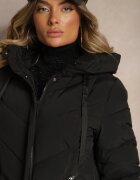 rosse line Jachetă Lungă Neagră cu Cusături Matlasate și Glugă Decorată cu Fermoare Hedirae