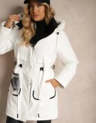 rosse line Jachetă Parka Albă cu șnur de strângere în talie și Glugă Decorată cu pandantiv Zeriena