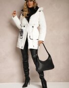 rosse line Jachetă Parka Albă cu șnur de strângere în talie și Glugă Decorată cu pandantiv Zeriena
