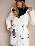 rosse line Jachetă Parka Albă cu șnur de strângere în talie și Glugă Decorată cu pandantiv Zeriena