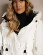 rosse line Jachetă Parka Albă cu șnur de strângere în talie și Glugă Decorată cu pandantiv Zeriena
