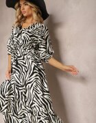 rosse line Rochie Alb-Negru din Viscoză și Bumbac Decorată cu Volane și Șnur în Talie Vantia