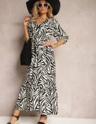 rosse line Rochie Alb-Negru din Viscoză și Bumbac Decorată cu Volane și Șnur în Talie Vantia