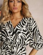rosse line Rochie Alb-Negru din Viscoză și Bumbac Decorată cu Volane și Șnur în Talie Vantia