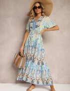 rosse line Rochie Albastră Boho din Viscoză cu Nasturi Decorativi și Curea Subțire în Talie Dimosia