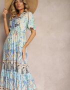 rosse line Rochie Albastră Boho din Viscoză cu Nasturi Decorativi și Curea Subțire în Talie Dimosia