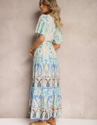 rosse line Rochie Albastră Boho din Viscoză cu Nasturi Decorativi și Curea Subțire în Talie Dimosia