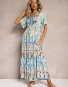 rosse line Rochie Albastră Boho din Viscoză cu Nasturi Decorativi și Curea Subțire în Talie Dimosia