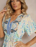 rosse line Rochie Albastră Boho din Viscoză cu Nasturi Decorativi și Curea Subțire în Talie Dimosia