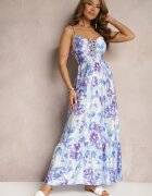rosse line Rochie Albastră cu croi cloș cu imprimeu floral din Bumbac și Viscoză decorată cu legătură la decolteu Nasima