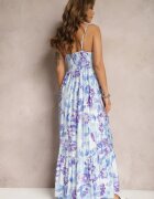 rosse line Rochie Albastră cu croi cloș cu imprimeu floral din Bumbac și Viscoză decorată cu legătură la decolteu Nasima