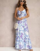 rosse line Rochie Albastră cu croi cloș cu imprimeu floral din Bumbac și Viscoză decorată cu legătură la decolteu Nasima
