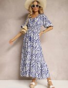 rosse line Rochie Bleumarin-Albă din Vâscoză și Bumbac Ornată cu Volan și Șnur în Talie Vantia