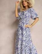 rosse line Rochie Bleumarin-Albă din Vâscoză și Bumbac Ornată cu Volan și Șnur în Talie Vantia