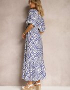 rosse line Rochie Bleumarin-Albă din Vâscoză și Bumbac Ornată cu Volan și Șnur în Talie Vantia