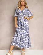 rosse line Rochie Bleumarin-Albă din Vâscoză și Bumbac Ornată cu Volan și Șnur în Talie Vantia