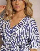 rosse line Rochie Bleumarin-Albă din Vâscoză și Bumbac Ornată cu Volan și Șnur în Talie Vantia