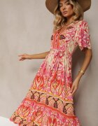 rosse line Rochie Boho Roșie din Viscoză cu Nasturi Decorativi și o Curea Subțire în Talie Dimosia