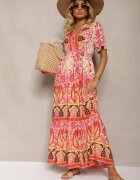 rosse line Rochie Boho Roșie din Viscoză cu Nasturi Decorativi și o Curea Subțire în Talie Dimosia