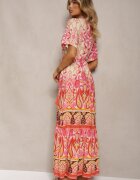 rosse line Rochie Boho Roșie din Viscoză cu Nasturi Decorativi și o Curea Subțire în Talie Dimosia