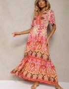 rosse line Rochie Boho Roșie din Viscoză cu Nasturi Decorativi și o Curea Subțire în Talie Dimosia